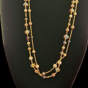 CAROLEE GOLD CHAIN WITH BRONZE CRUSTAL AND PEARL BEADS 36 IN AND EAR RINGS